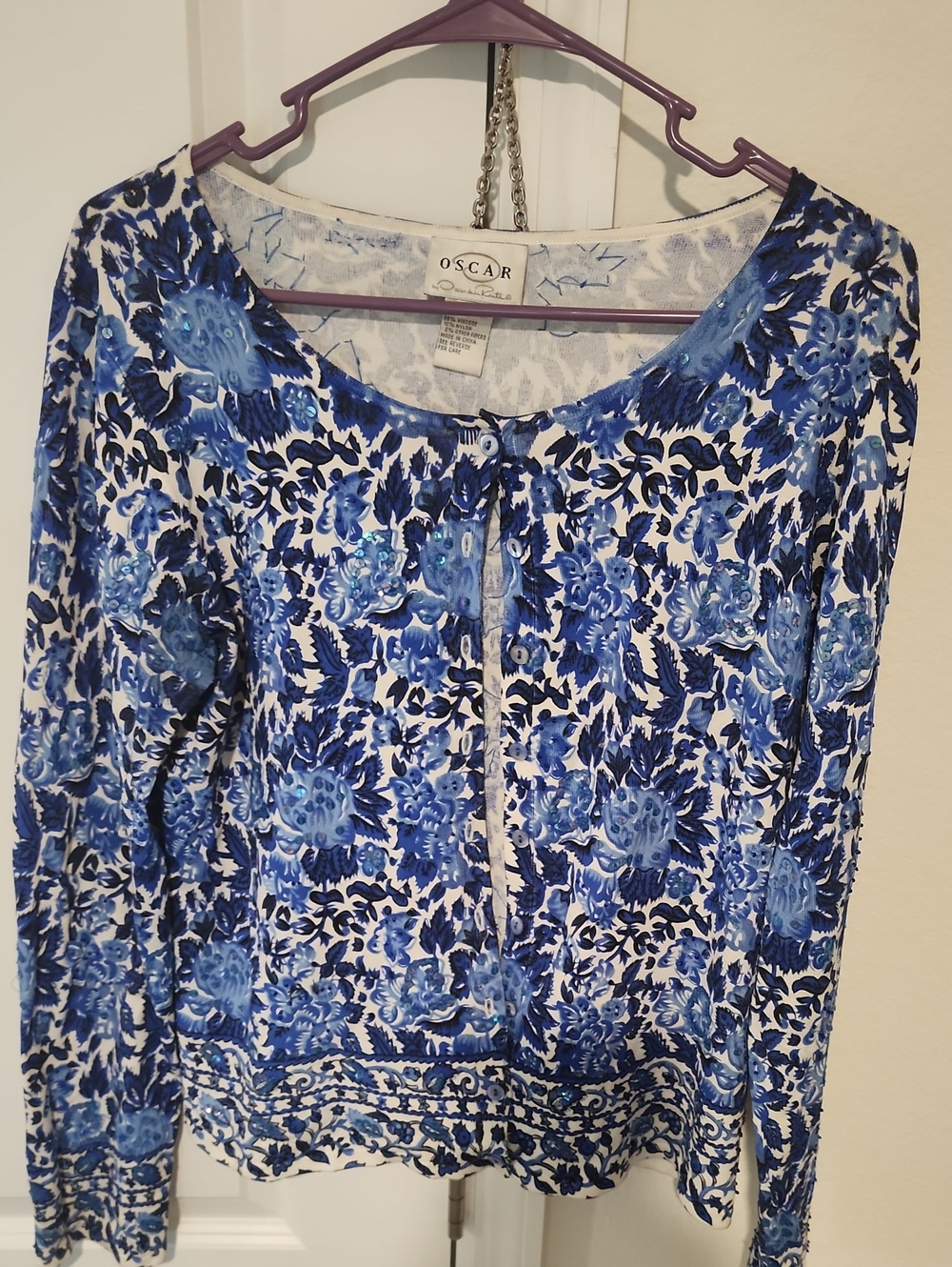 Oscar de la Renta Blue and White Floral Button-Front Top